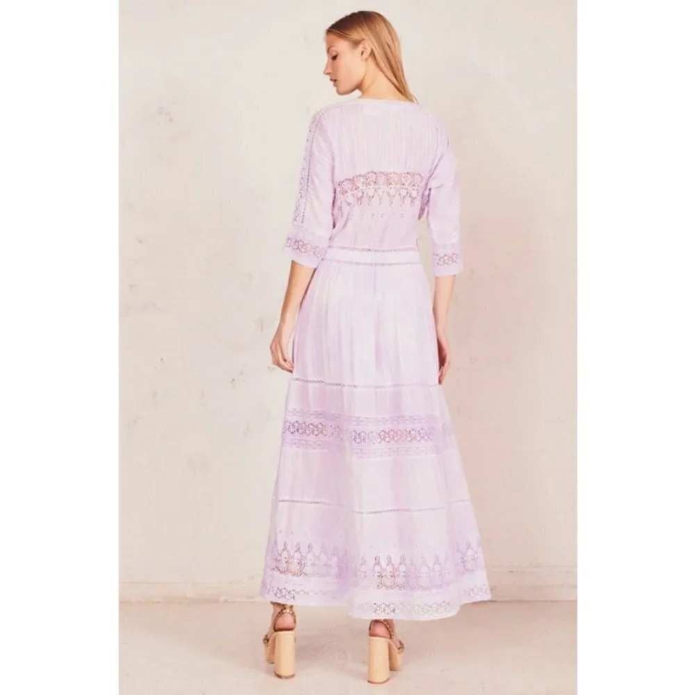 LoveShackFancy Lavender Purple Tie Dye Crochet‎ Lace Cotton Maxi Dress Petite P - Picture 2 of 12